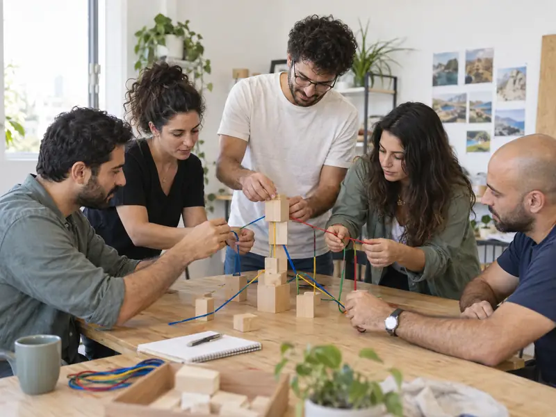 צוות קטן מרכיב יחד מבנה מקוביות עץ וחוטים