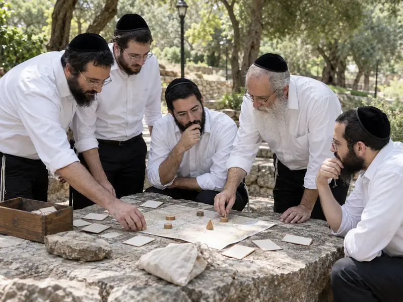 צוות חרדי קטן פותר יחד משימת ניווט בפארק
