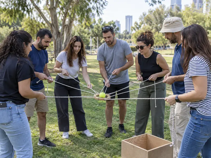 חברי צוות מכוונים יחד כדור באתגר חבלים קבוצתי