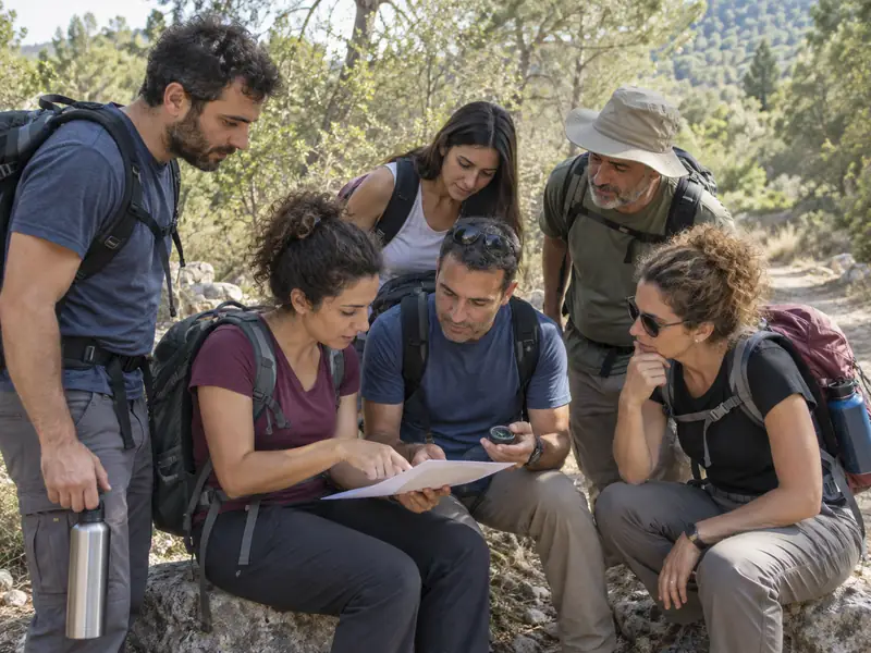 קבוצת מטיילים פותרת יחד רמז ניווט במהלך טיול