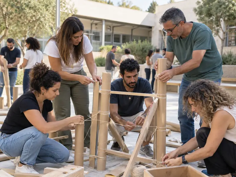 צוות מורים בונה יחד מבנה מחומרים פשוטים בחצר