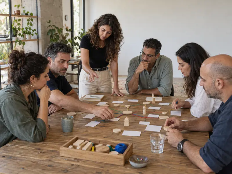 מנהלים ממפים יחד רעיונות בעזרת כרטיסיות וחוטים