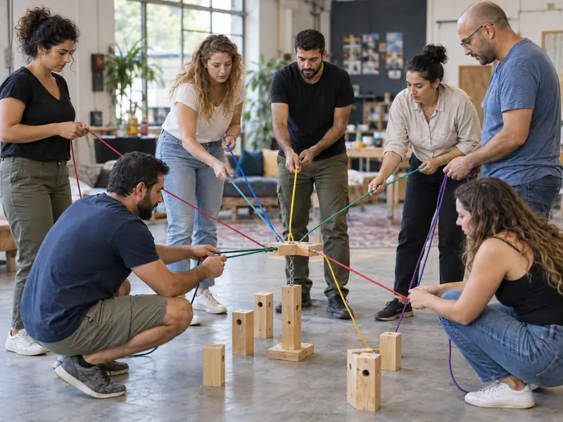 חברי צוות משתפים פעולה בסדנה מעשית עם חבלים ועץ