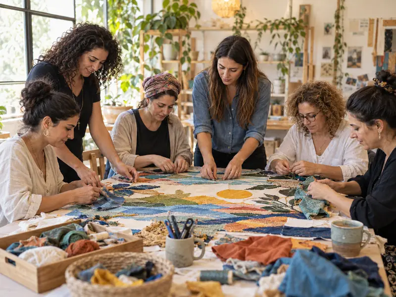 קבוצת נשים יוצרת יחד עבודת טקסטיל משותפת בסדנה