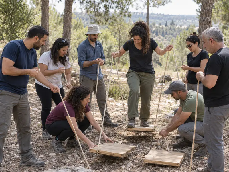 צוות מסייע למשתתפת לעבור בין לוחות עץ בחורש