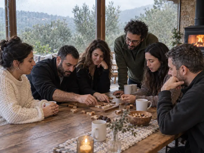 חברי צוות פותרים יחד פאזל עץ ביום חורפי