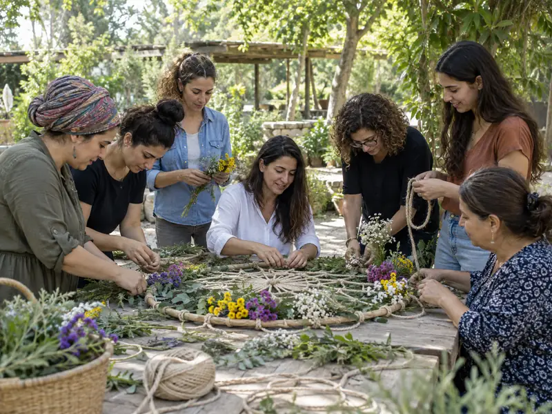קבוצת נשים יוצרת יחד עבודת פרחים וחבלים בגינה