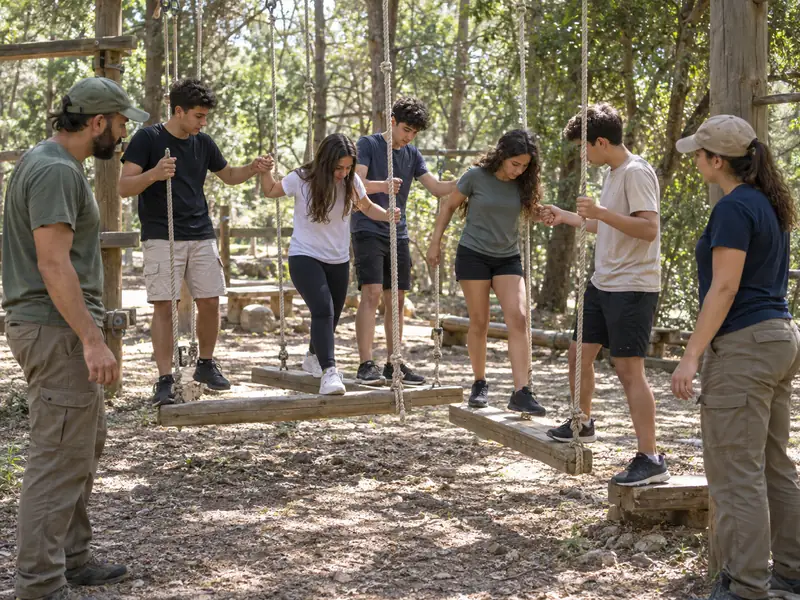 בני נוער עוברים יחד מסלול חבלים בהשגחת מדריכים